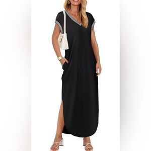MEROKEETY Women's Summer Short Sleeve Maxi Dress V Neck Split Loose Casual dress